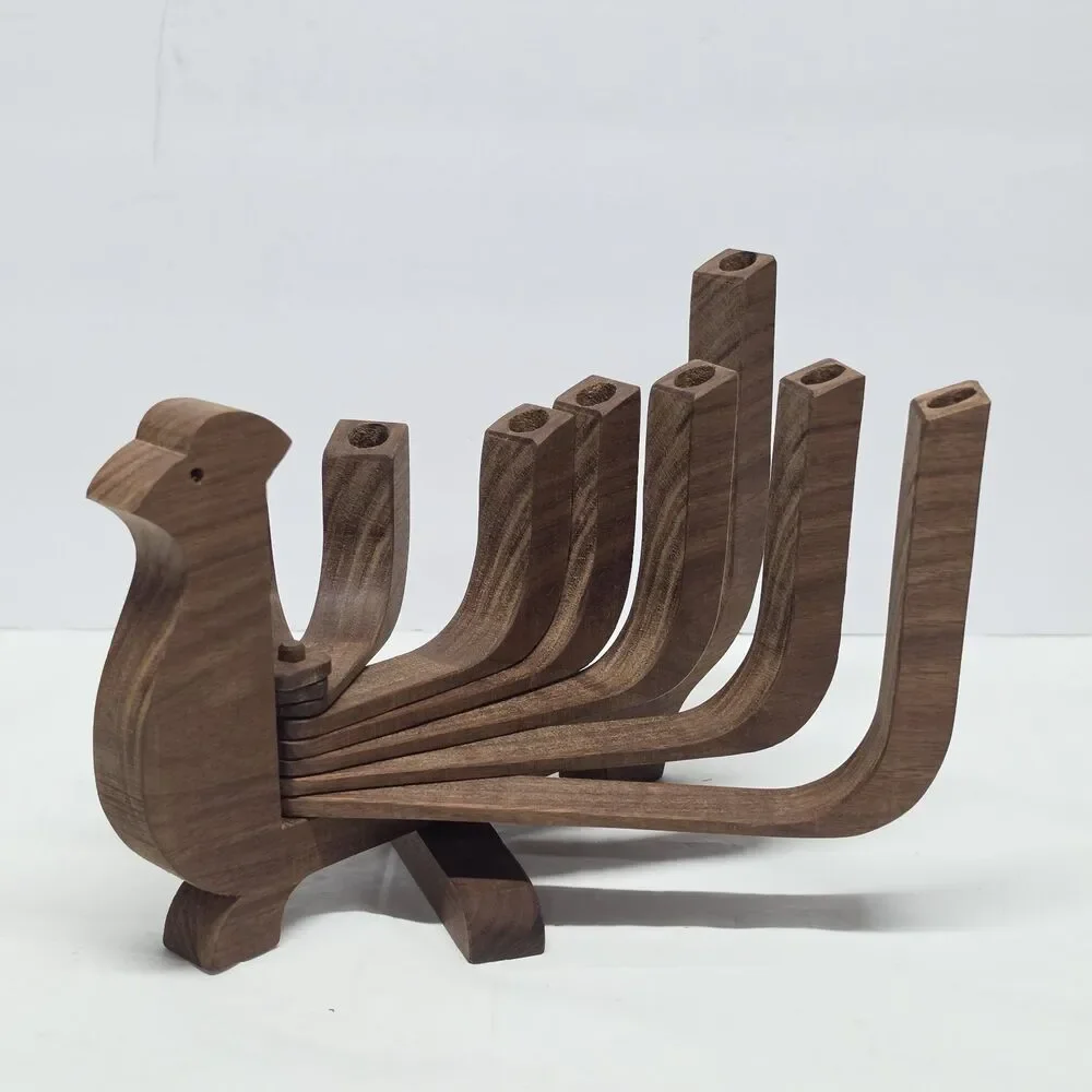 Vintage Scandinavian Wooden Peacock Candelabra Menorah Candlestick Holder